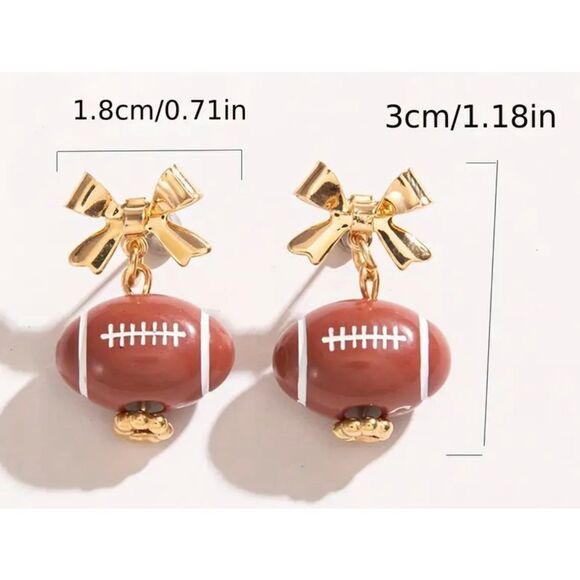 NWT Unique Vintage Style Brown Football Golden Bow Drop Earrings - Picture 5 of 6